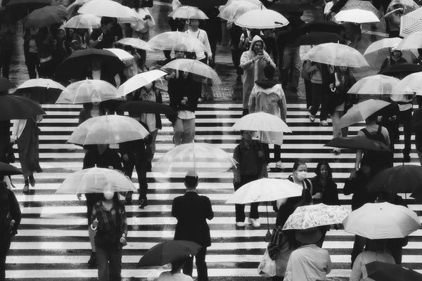 Foule qui traverse, symbolisant la 'race des rats', désir de s'échapper de ce schéma en se conformant à la discipline personnelle.